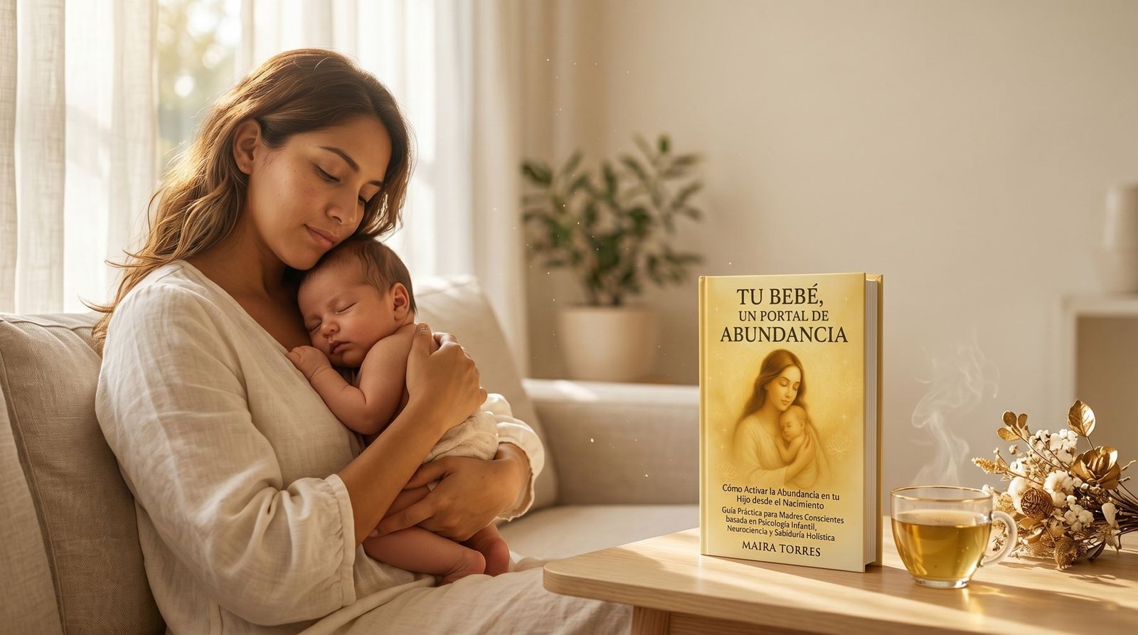 Madre sosteniendo a su bebé recién nacido junto al libro Tu Bebé un Canal de Abundancia de MAJHO Holística